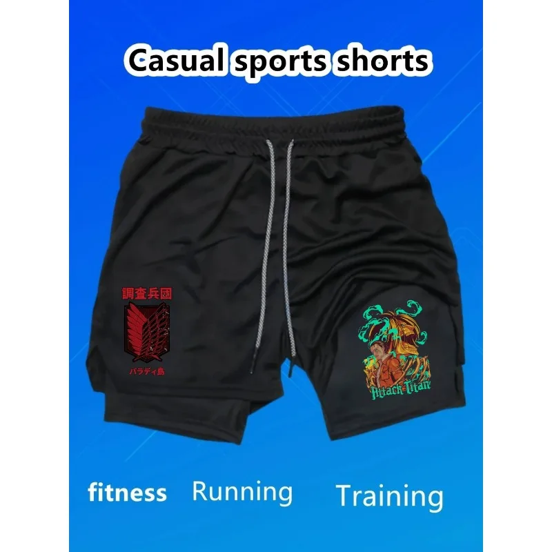 

Eren Yeager Print 2 in1 Running Shorts Men Gym Compression Shorts with Phone Pocket Towel Loop Summer Sport Athletic Activewear
