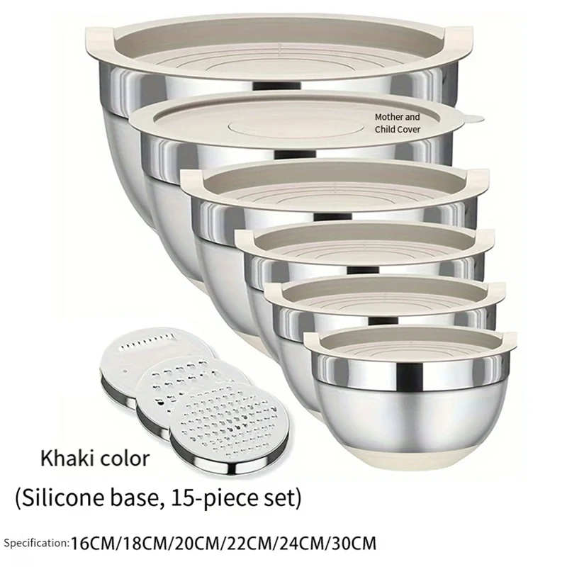 

A25F-Khaki Color Mixing Bowl Set(6 Pieces), Stainless Steel Bowl With Lid For Salad Storage, Includes 3 Grater Accessories Attac