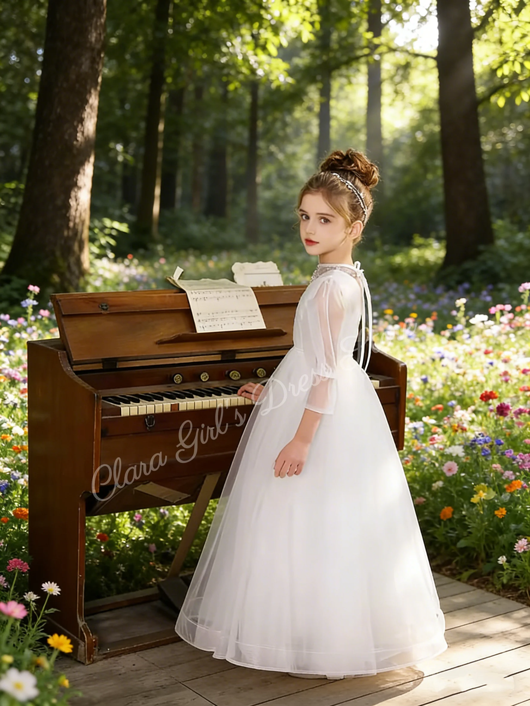Aanpasbare witte bloemenmeisjesjurk met gezwollen tule rok voor verjaardagsfeestjes voor kleine meisjes, optochten en bruiloftsdinerjurken