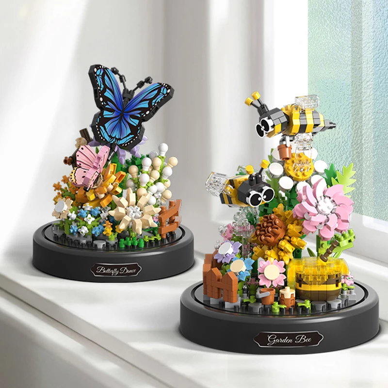 Bloques de construcción de bonsái, abeja, mariposa, flor, planta de insectos, modelo en maceta, ladrillos con cubierta antipolvo, juguete DIY para niños, regalo de Navidad