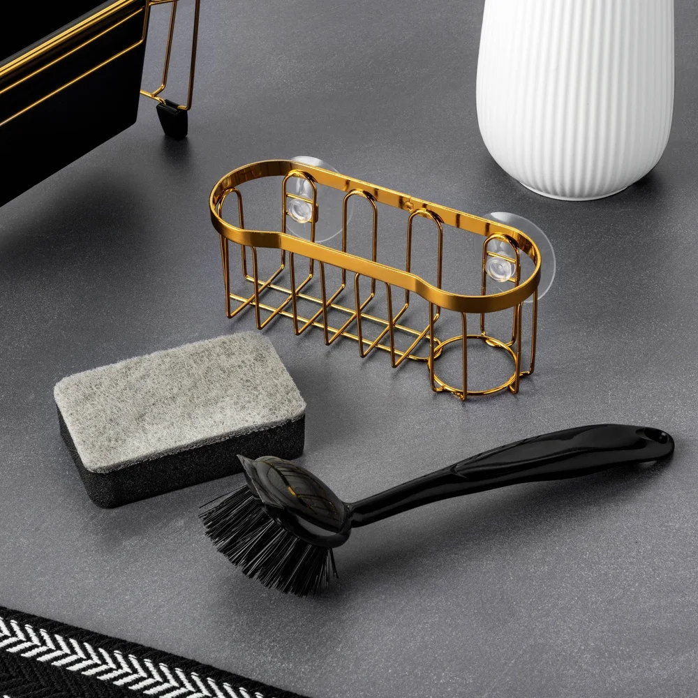 Juego de cepillos Caddy dorados de 3 piezas con ventosa, organizador de fregadero, herramientas de limpieza duraderas, diseño compacto, elegancia de cocina