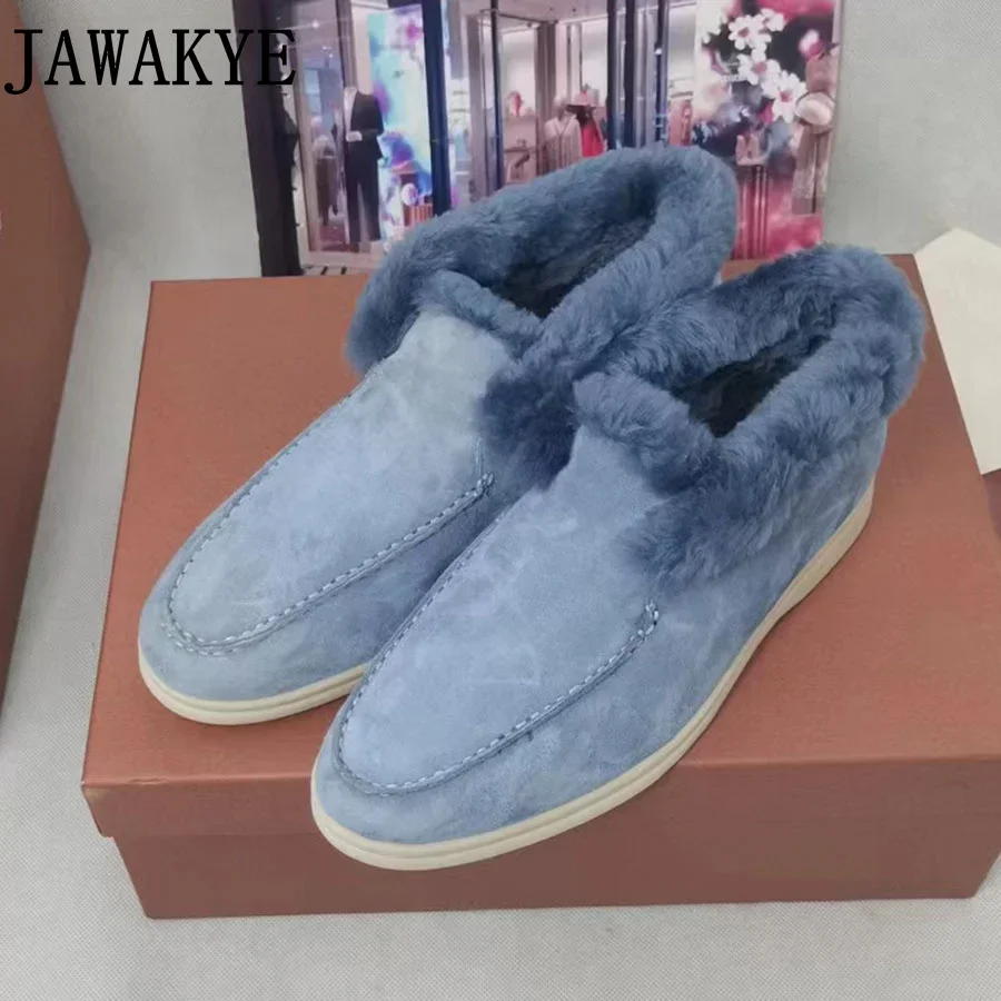 2023 Brand Natural Wool Fur Snow Boots Suede Leather High Top Short Boots Women Round Toe Rubber Sole Winter Loafers Flat Shoes