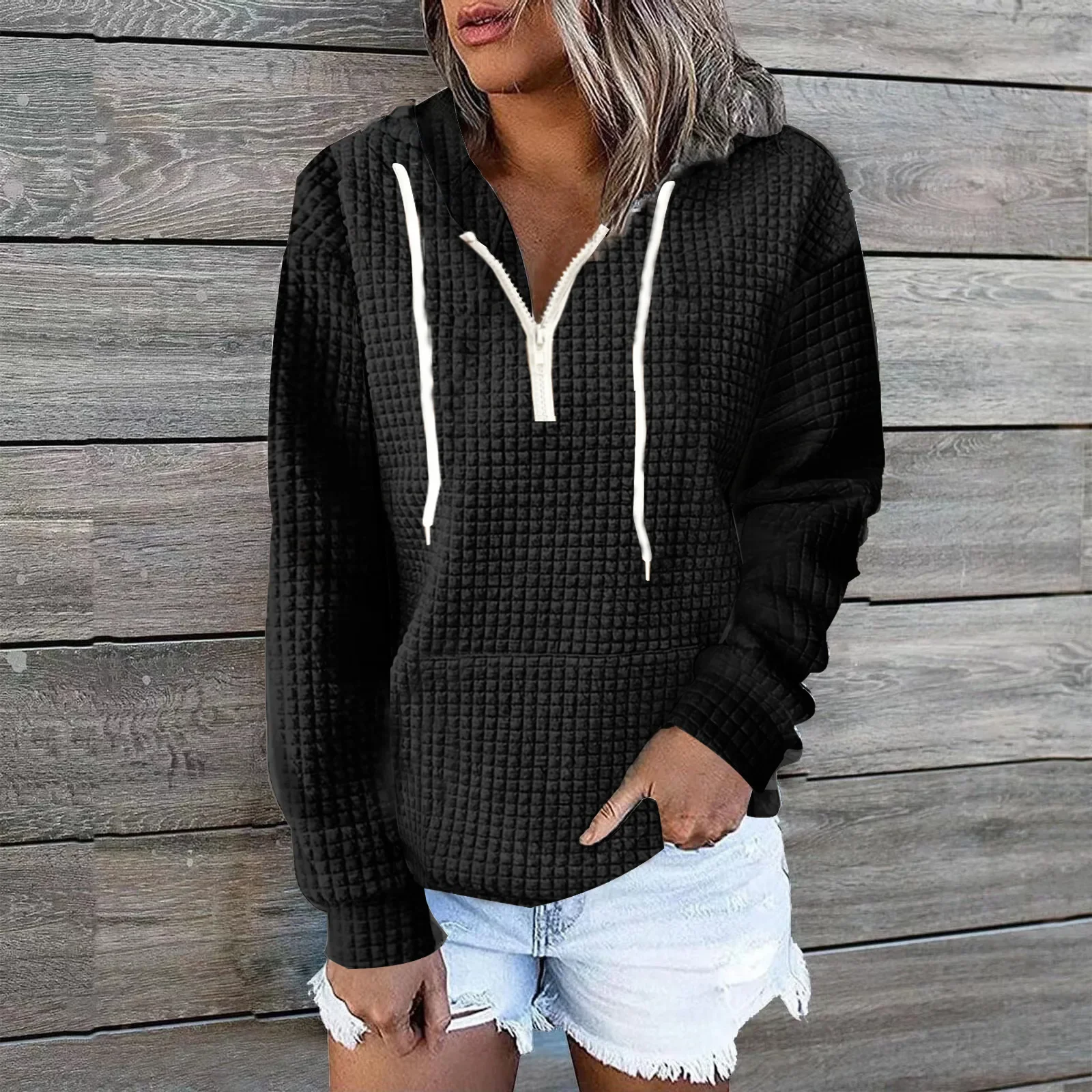 Women Waffle Knit Hoodie Half Zip V Neck Contrast Drawstring Long Sleeve Loose Pullover Top