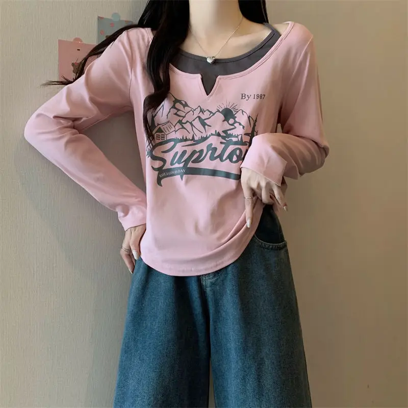 Fake Two Pieces Letter Printed T-shirt Spring Autumn Patchwork O-Neck Halter Basic Female Clothing Casual Long Sleeve Pullovers