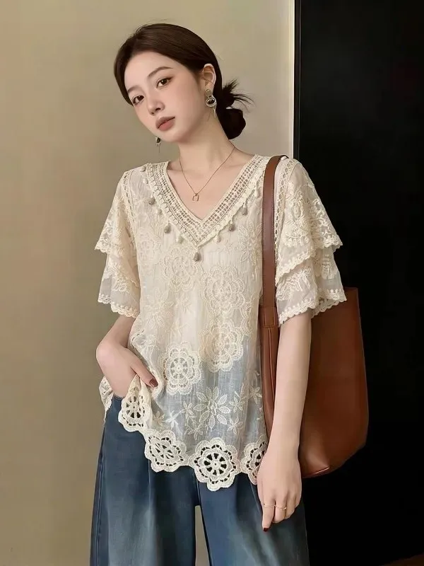 

plus Size Bohemian Lace Shirt Women's V-neck Short Sleeve Floral Embroidery Regular Shoulder Summer New Style Holiday Mood Top