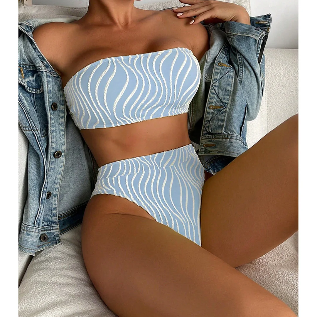 Sexy Bikini mit Wellenmuster, Bandeau-Oberteil und hoher Taille, Damen-Badeanzug, zweiteiliges Bikini-Set, Badebekleidung, Badeanzug, Modell V5445. – Detail 32