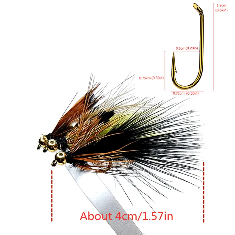 5 pz Woolly Bugger Stelle filanti Esche da pesca a mosca Testa di perline in ottone Nero/Marrone oliva Nappa - Trota Salmone Trota Pesce persico pesca a mosca