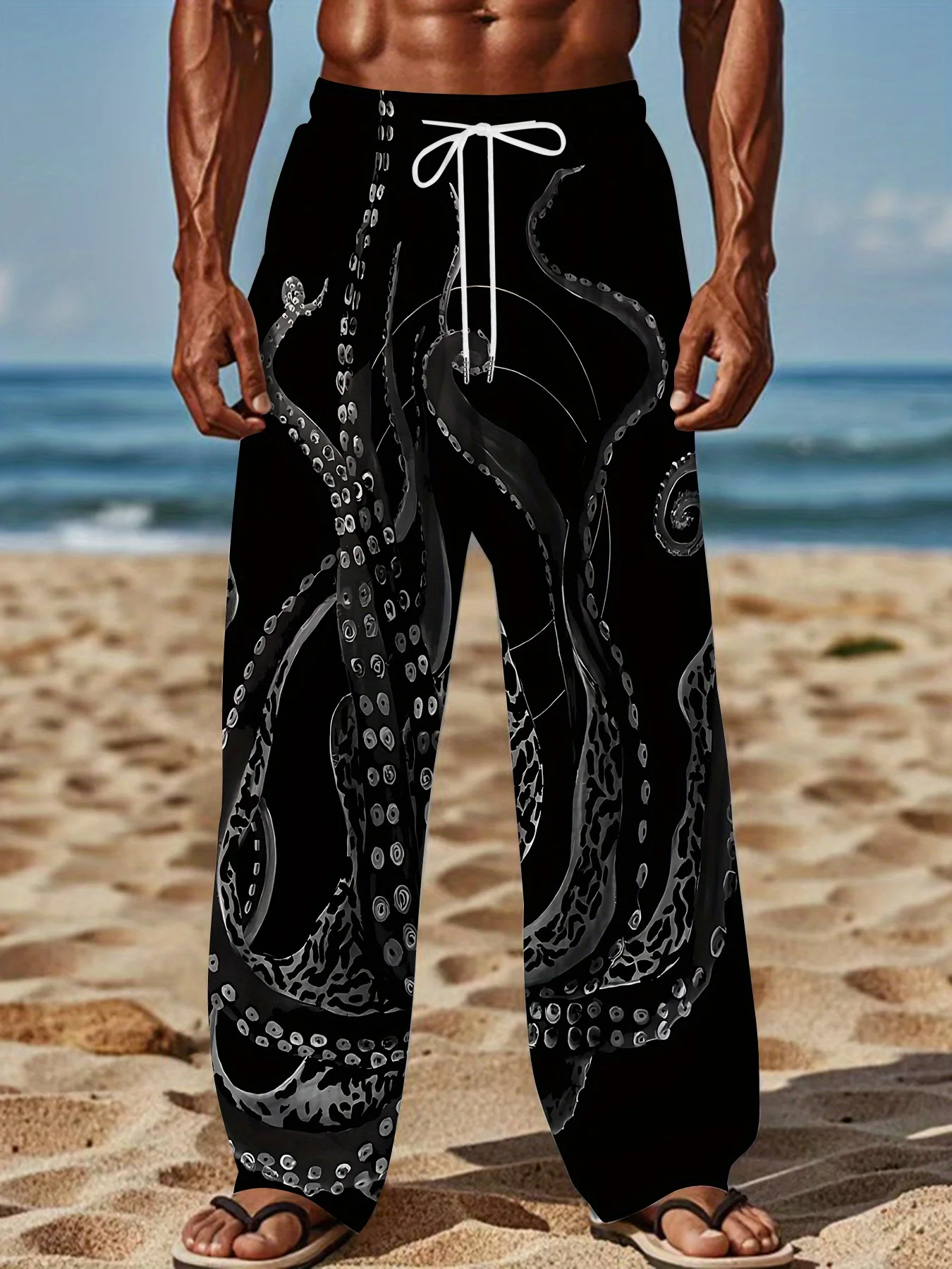 Men Kraken Tentacle Graphic Print Smooth Wide Leg Pants, Edgy Vacation Casual Vibe, From Beach Trips To Sunset Dinners