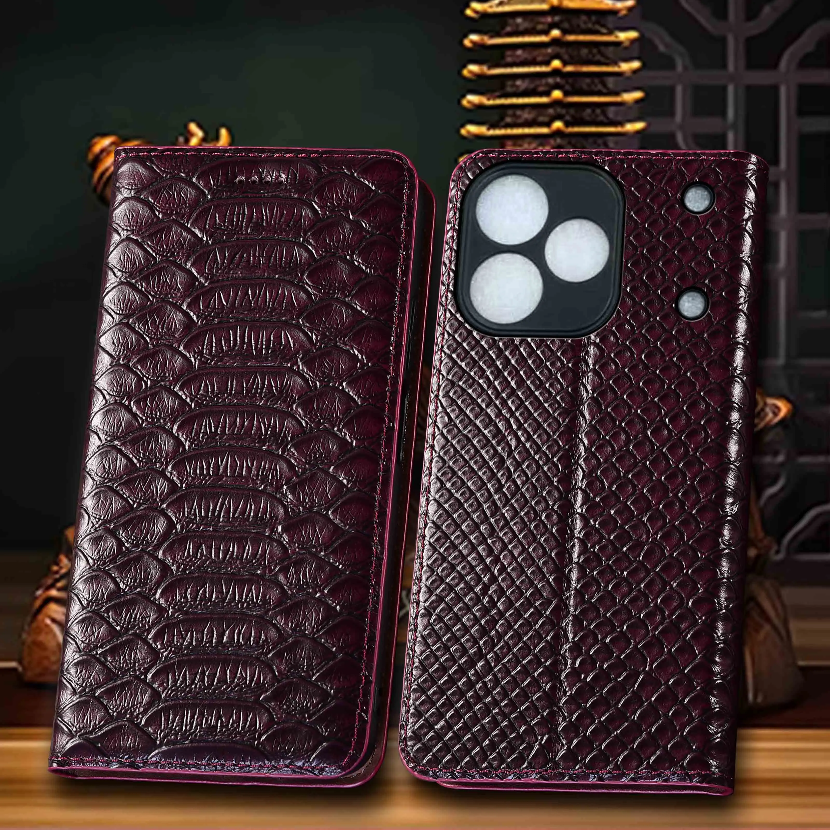 

Magnet Genuine Leather Flip Wallet Phone Case Cover On For Realme Note 80 15 16 Pro Plus Python Pattern Of Cowhide Scratch-Proof