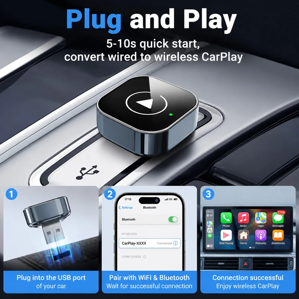 Wireless Conversion Box 2-in-1 Wireless CarPlay Android Auto Smart AI Dongle Plug and Play Car Multimedia Connection Adapter