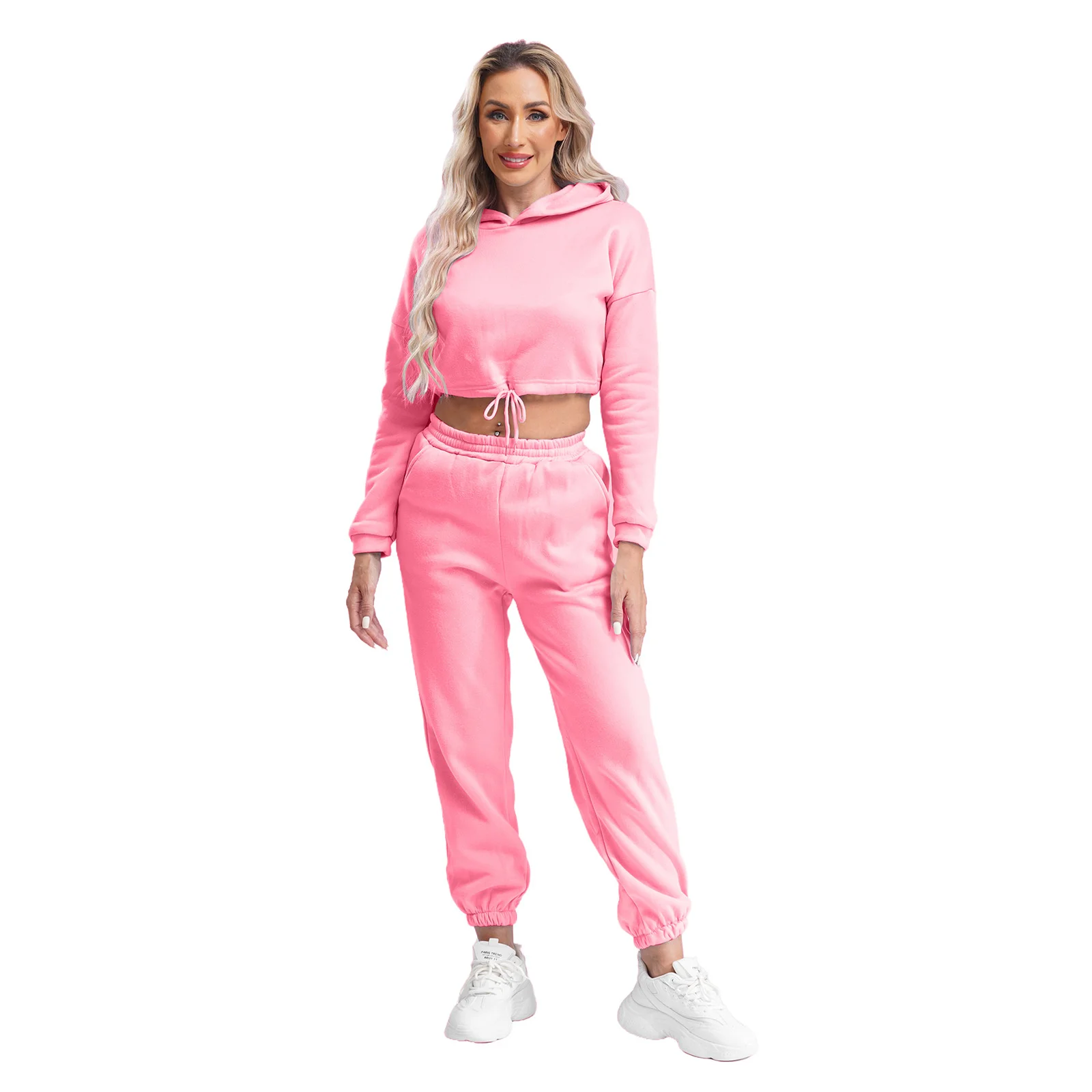 Womens Solid Color Tracksuit Fleece-Lined Long Sleeve Drawstring Hem Cropped Hoodie with High Waist Sweatpants Casual Sportswear