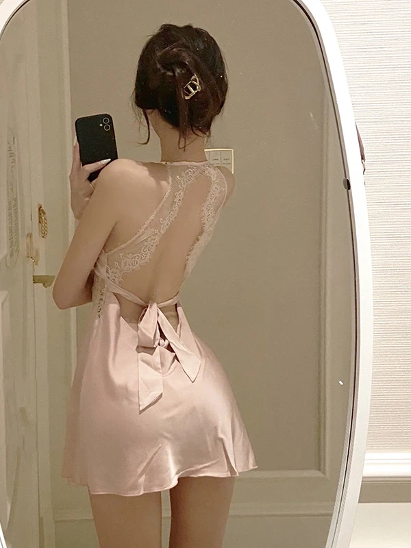 

New Summer Sexy Women's Summer Hot Ice Silk Sling Sleeping Mini Dress Elegant Thin Korean Style Backless Sexy V758