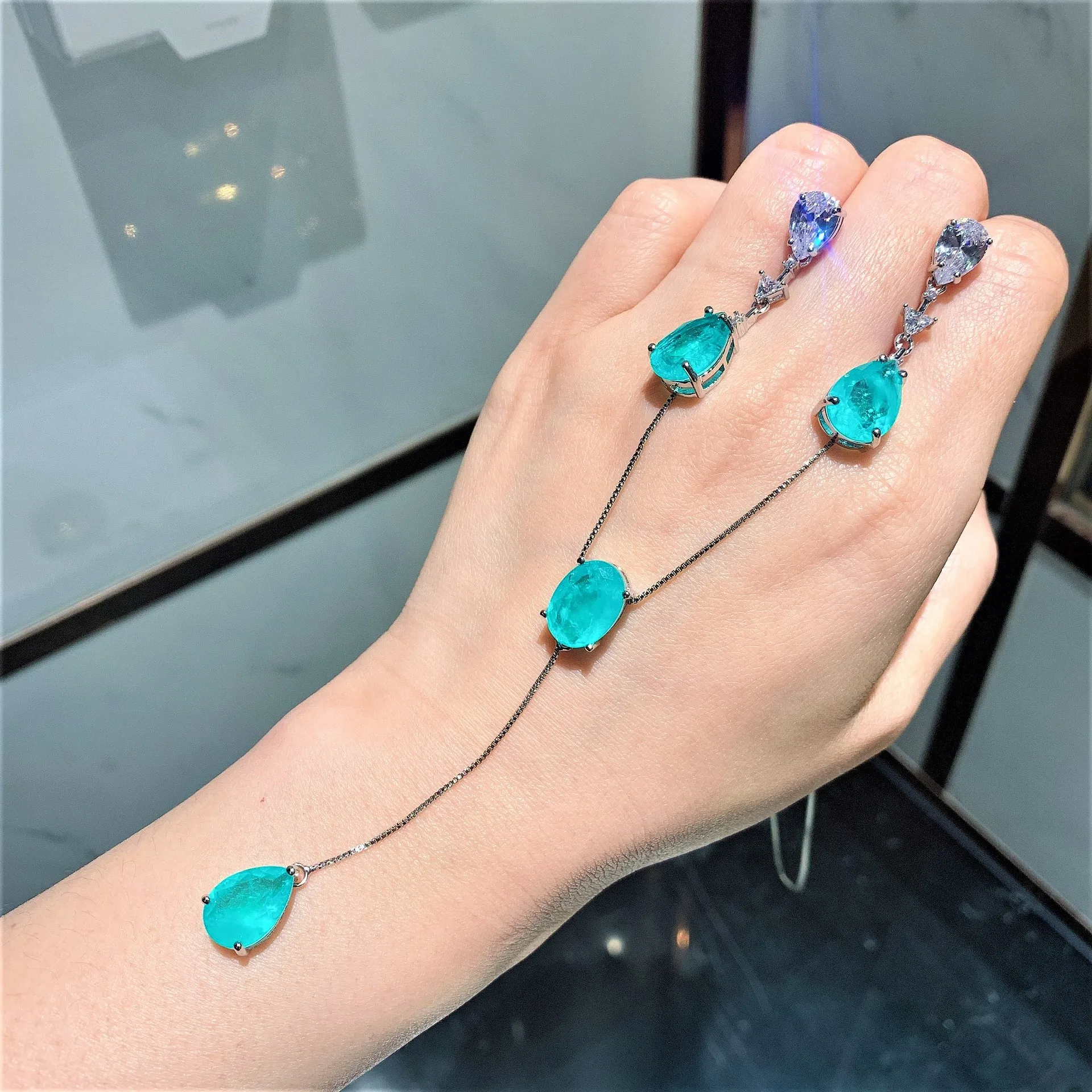 2022 Paraiba Tourmaline Gemstone Long Pendant Necklace Tassel Earrings Wedding Anniversary Fine Jewelry Set Women Birthday Gift