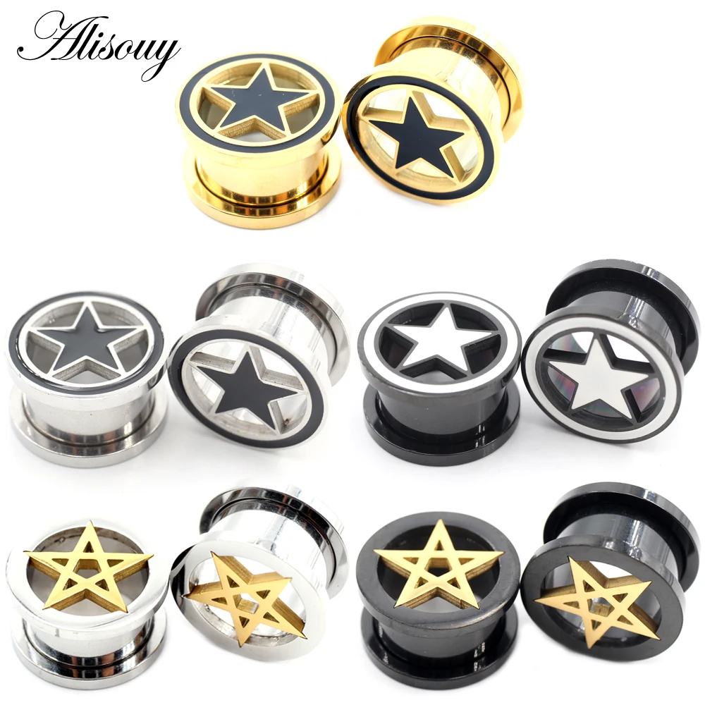 Alisouy 2PCS Edelstahl Emaille Stern Schraube Runde Ohr Messgeräte Tunnel Plugs Expander Keil Ohrringe Piercing Körper Schmuck