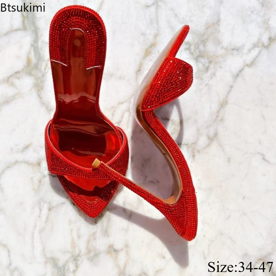 Women Luxurious Diamond Studded High-heeled Slippers Pointed Tip Exposed Toes Wearing Mule Shoes Summer Shining Sexy Party Shoes