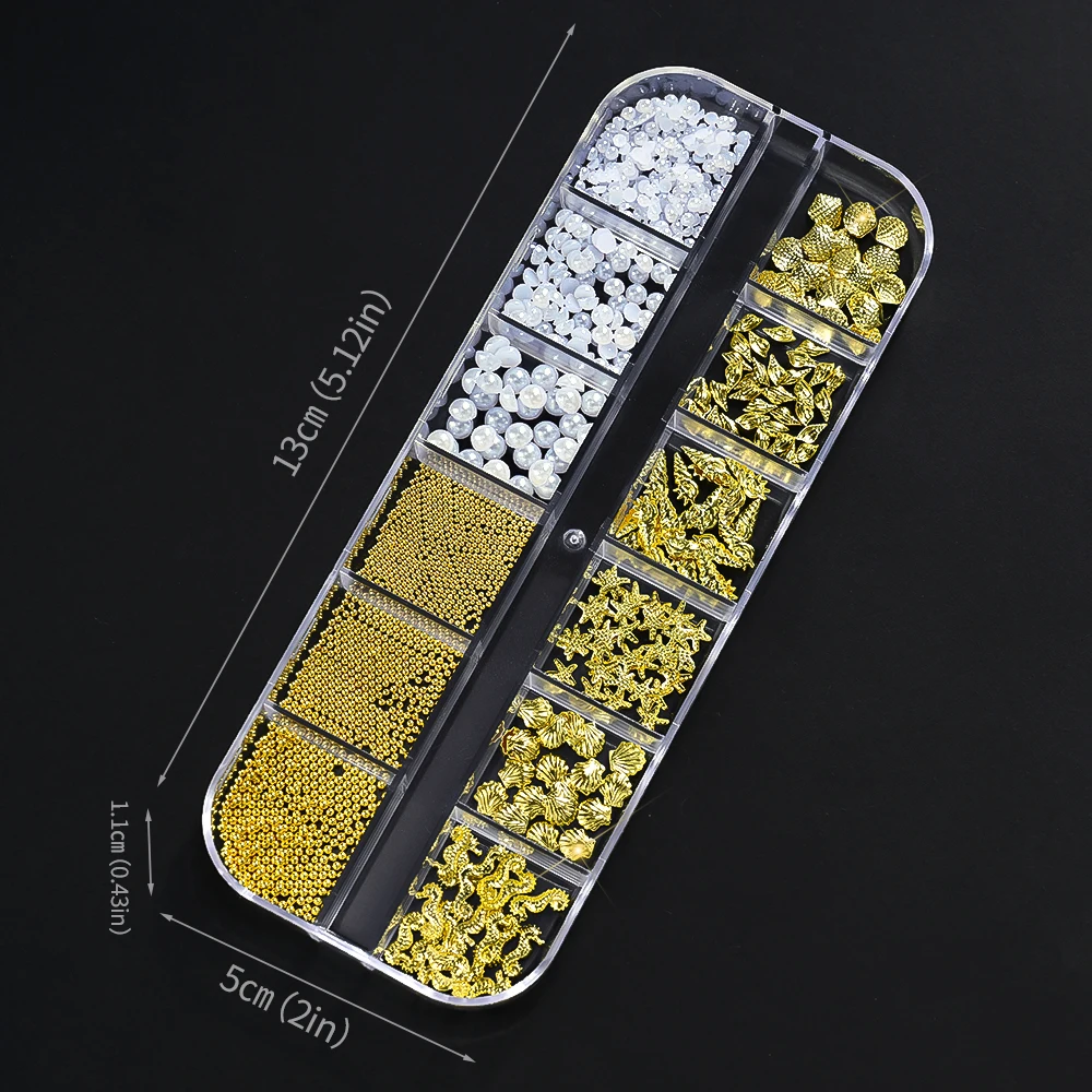 12-Grids Ocean สไตล์ & Pearl Nail Art Charms โลหะ Rivets ปลาดาว Seahorses การออกแบบเล็บลูกเหล็ก & เพิร์ลตกแต่งเล็บ *