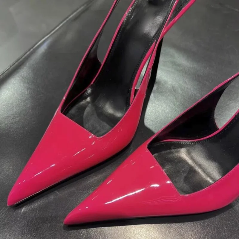 

Sexy Pointy Toe Slingback Women Pumps Fuchsia Patent Leather Cutouts Hollow Stiletto Heels Club Party Evening Dress Shoes