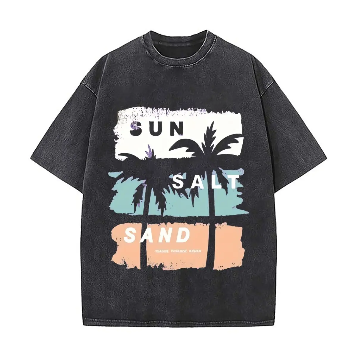 Sun Salt Sand Hawaiian Palm Tree Canvas Wall Art Washed Vintage Short Sleeve Loose Streetwear Tee