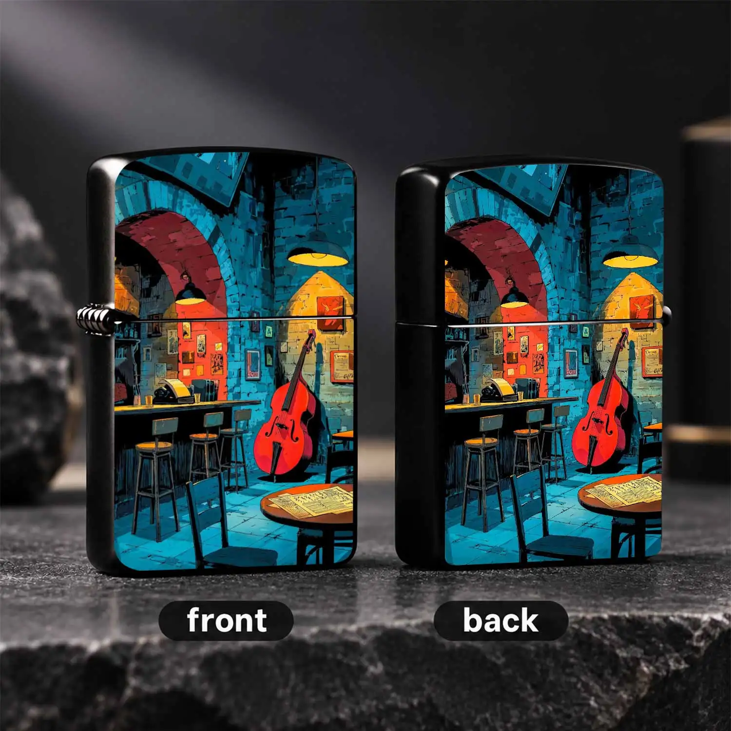 Vintage Jazz Cafe Art Print Lighter, Retro Red-Blue Contrast Upright Bass Cozy Lounge Pattern, Portable Practical Ignition Tool For Daily Gathering Outdoor Trips, Unique Stylish Delicate Accessory, Ideal Thoughtful Gift For Scenery Lovers A
