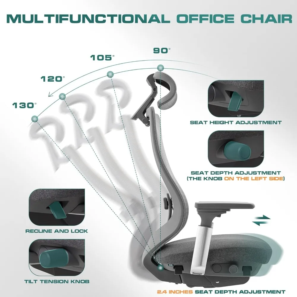 Kursi kantor jaring ergonomis, kursi meja eksekutif komputer punggung tinggi dengan sandaran kepala yang dapat disesuaikan dan lengan 4D, kursi geser, kunci kemiringan