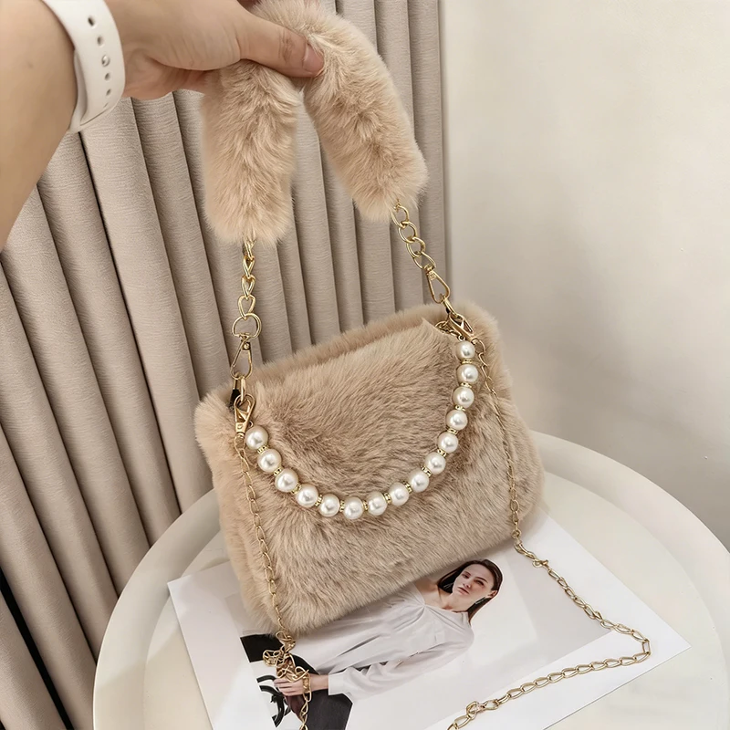 Fashionable Pearl Rabbit Fur Handbag Women's Crossbody Bag Chain Design Winter Small Versatile Shoulder Bag image 5