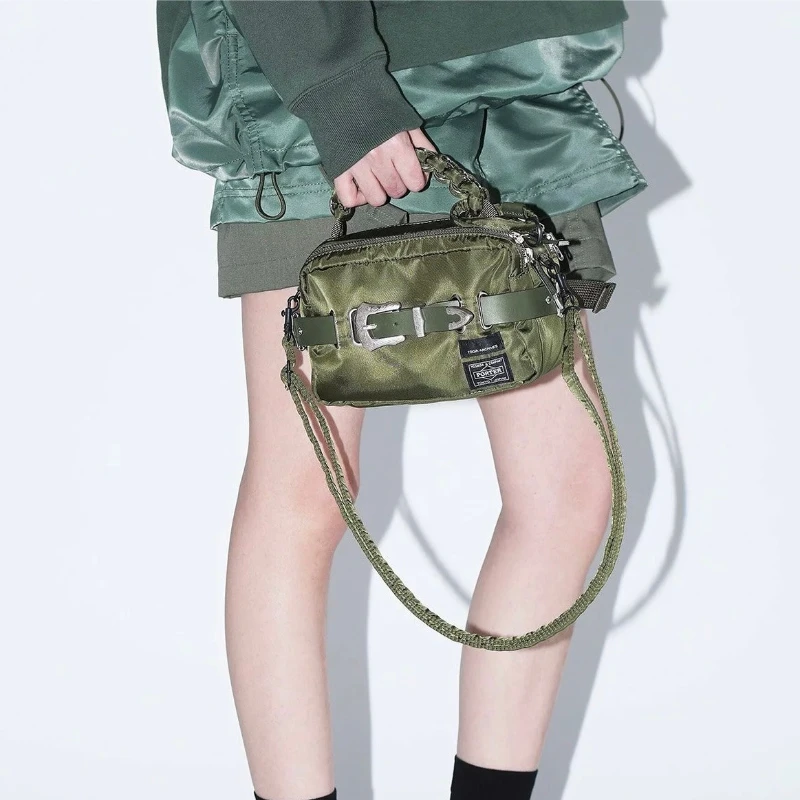 Japanese Designer Shoulder Hand Bag Army Green Nylon Carved Metal Belt Buckle Crossbody Bag Double Zip Braided Handle Camera Bag