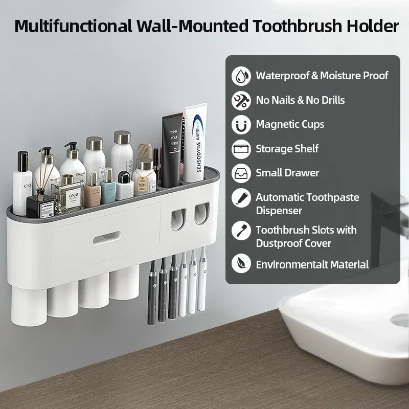 Bathroom Magnetic Adsorption Inverted Toothbrush Holder Wall -Automatic Toothpaste Squeezer Storage Rack Bathroom Accessories