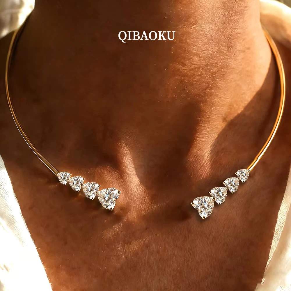 QIBAOKU 13cttw Heart Moissanite Open Choker Necklace S925 Sterling Silver Diamonds Cuff Collar for Women Jewelry Gifts 2026