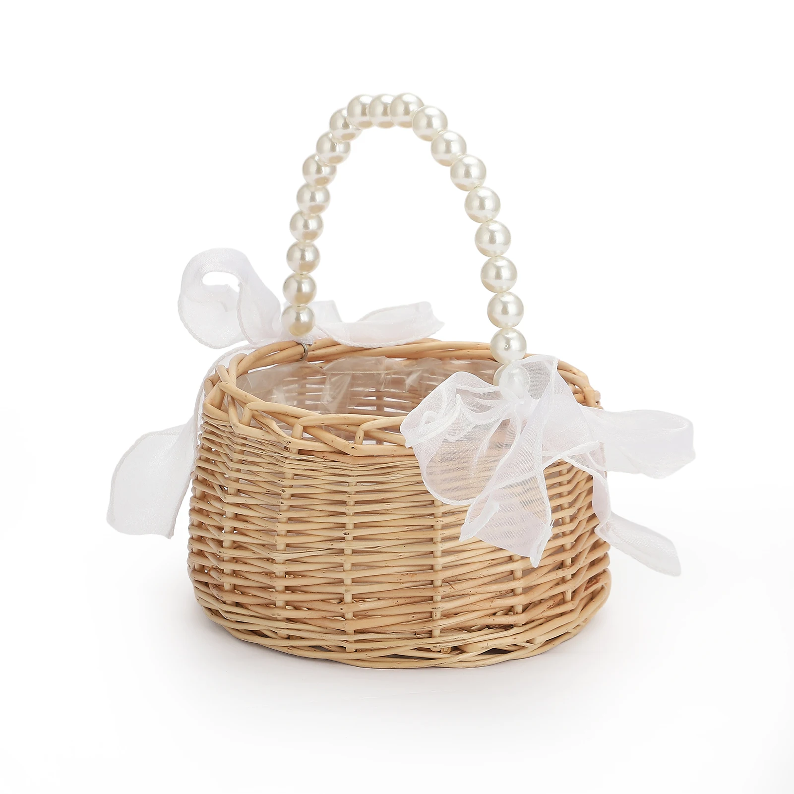 Pearl Princess Woven Flower Basket Rattan Storage Basket Flower Girl Hand Basket Handmade Flower Basket For Home Wedding Decor