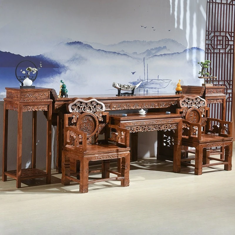 Furniture for the main hall, six-piece set: hedgehog rosewood heated grand chair, solid wood rosewood