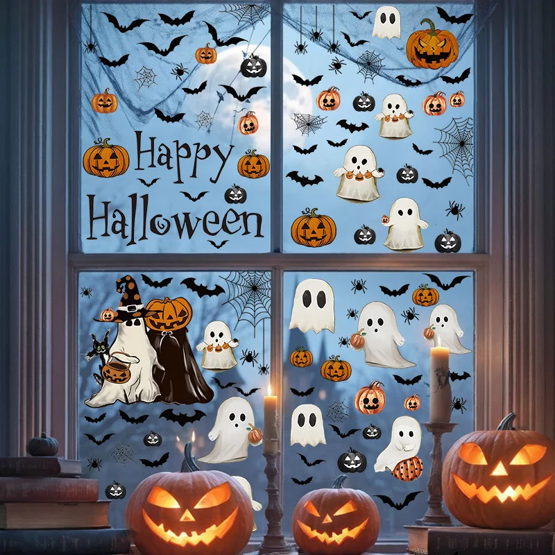 

Halloween Pumpkin Window Stickers, Cartoon Candy Jack-o-lantern Static Cling, Black Cat Ghost Party Decoration for Glass Door