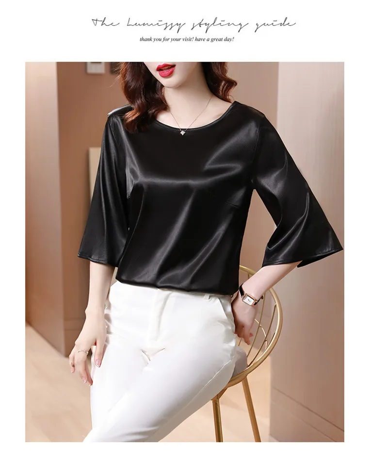 2026 Spring and Autumn New All-match O-neck Three-quarter Flared Sleeve Acetate Satin Blouse tops Basic Simple Ice Silk Shirts