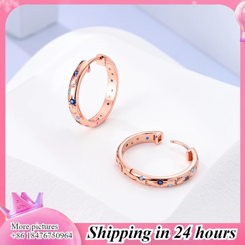 Pendientes de Plata de Ley 925 para Mujer – Aretes de Aro con Luz de Estrellas Brillantes (Tono Dorado Rosa),