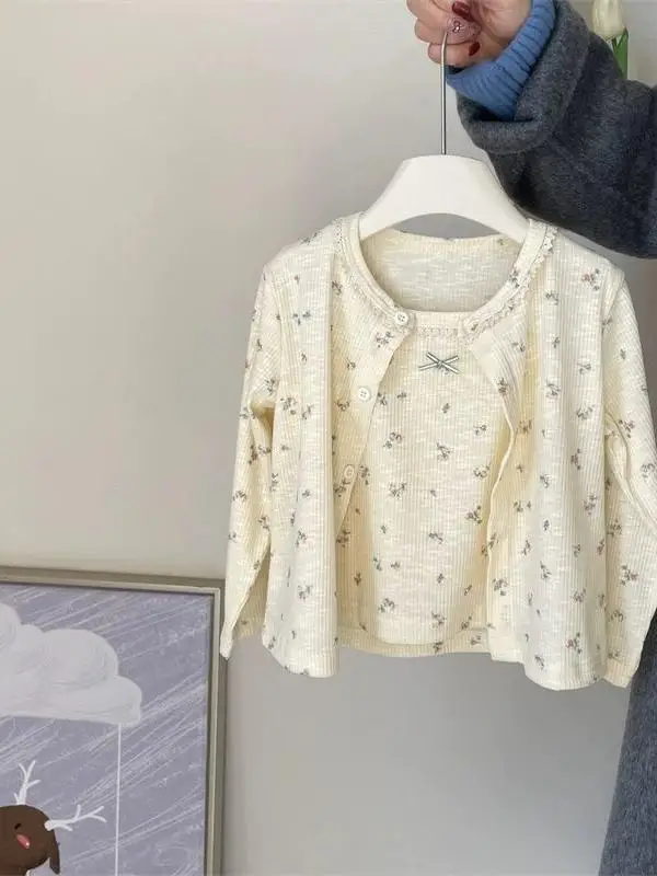 Girls Floral Print Open Cardigan And Tank Top Set Sweet Style Two-Piece Suit Spring Fashion New Arrival Versatile Bunny Fur