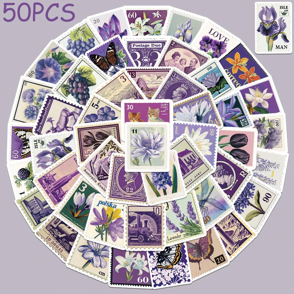

50pcs Purple Retro Stamp Stickers Decals For Laptop Scrapbook Luggage Skateboard Letter DIY Aesthetic Waterproof Stickers