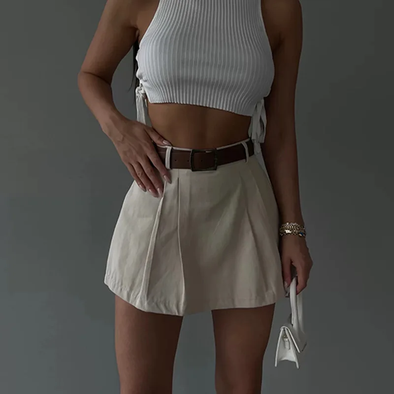 Retro Solid Color Women\'s Shorts Skirt Spring Casual Women\'s High Waist Pleated Mini Skirt Women\'s Street Slim Shorts Belt
