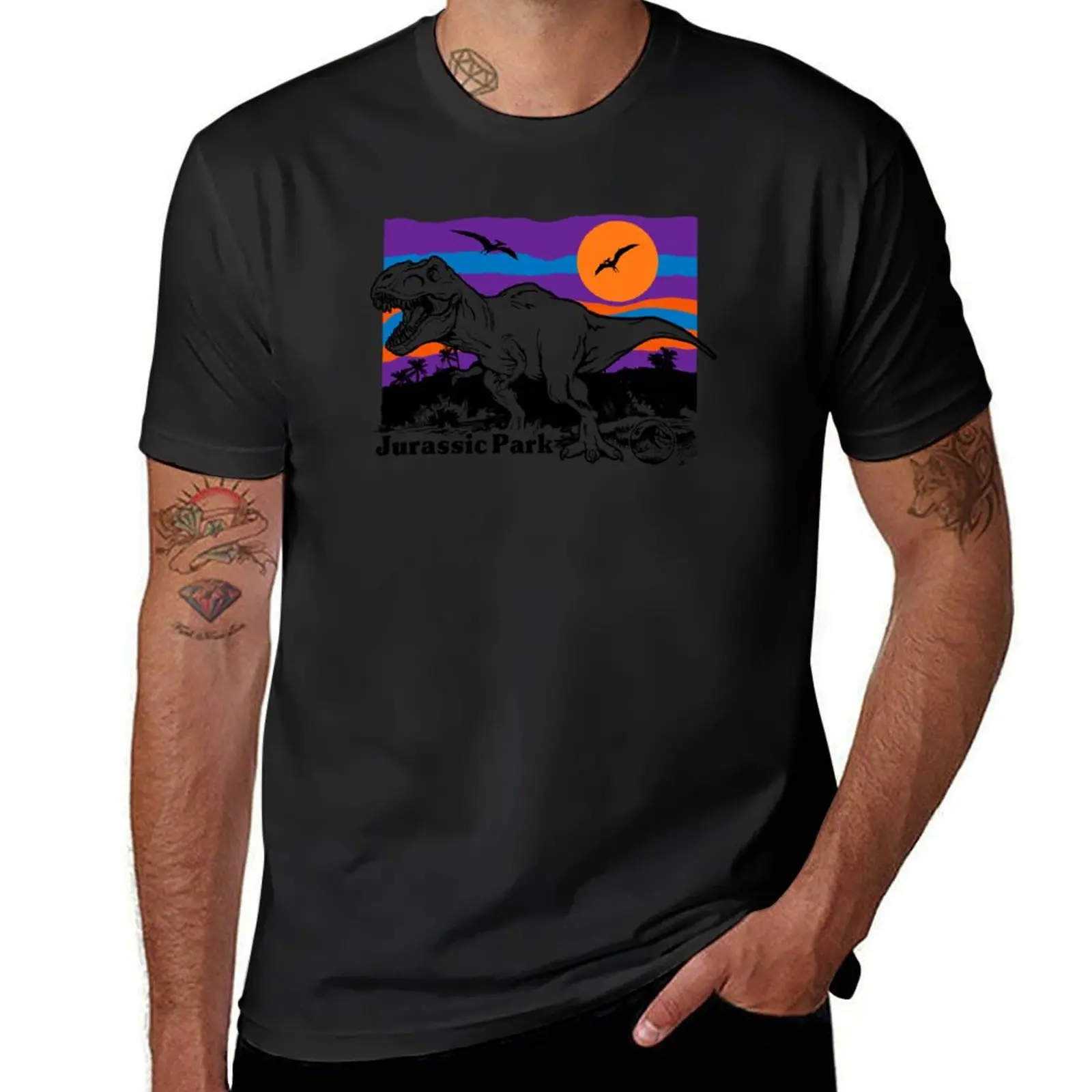 Jurassic Park Vintage Colorful Sunset T-Rex Tropical Logo T-Shirt quick-drying sublime sweat shirts, men