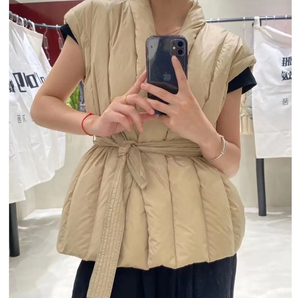 Down vest waistband knitted splicing white duck down sleeveless jacket V-neck casacos feminino