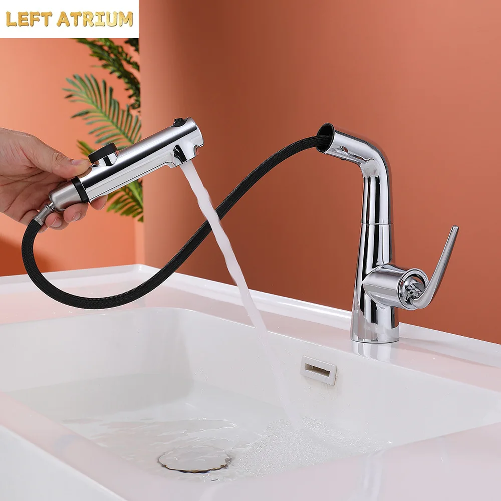 Light luxury 304 stainless steel basin washbasin pull-out faucet gun gray bathroom hot and cold water telescopic faucet