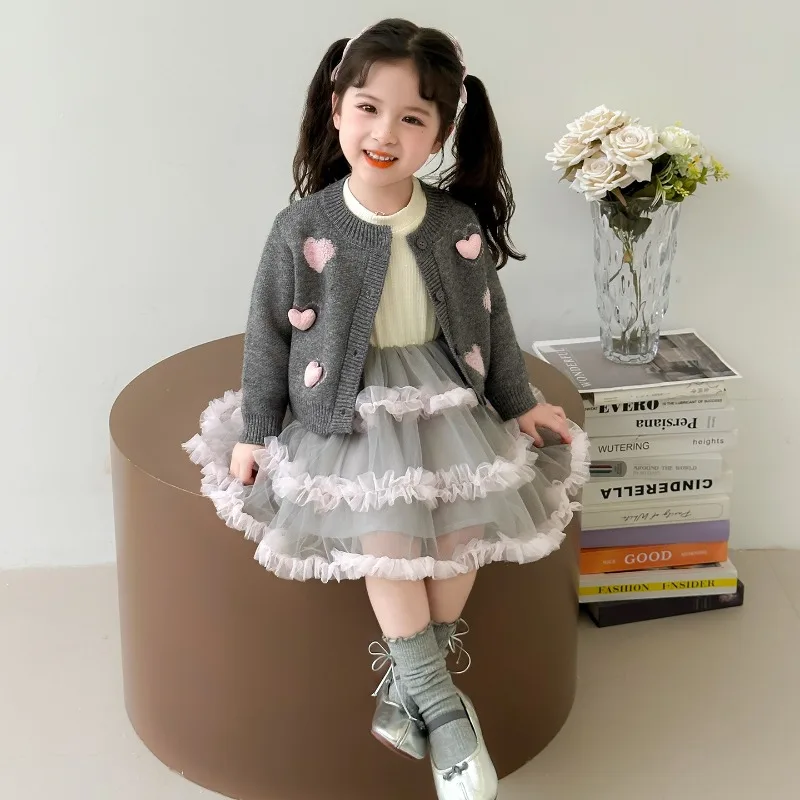 فستان الفتيات الربيع والخريف 2025 جديد للأطفال سترة مشغولة من الصوف الغزل تنورة مجموعة ، الفتيات الصغيرات فستان الخريف سترة تنورة #1