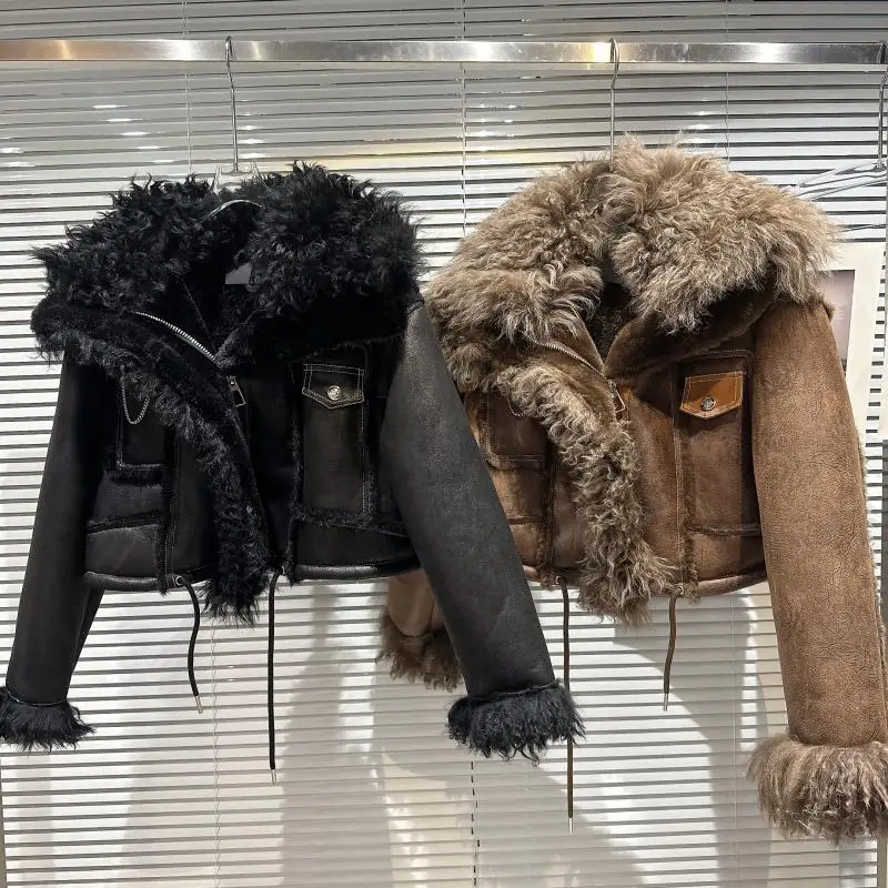 Ciepły płaszcz damski ze sztucznego futra z wełnianym kołnierzem, wykończony, zimowy, nowy, modny, streetwearowy, zapinany na zamek, długi, prosty krój.