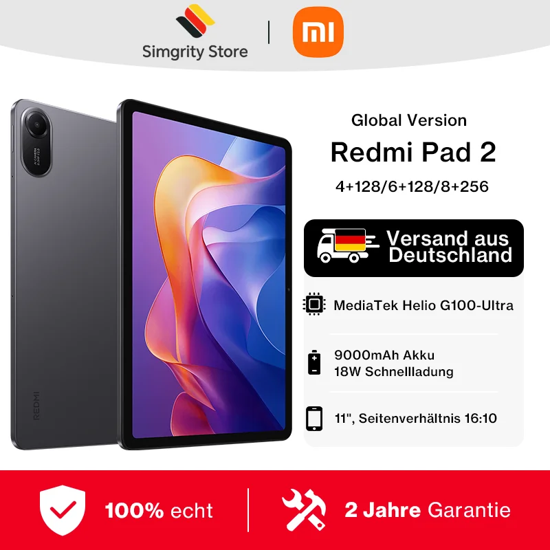 Versión global Xiaomi Redmi Pad 2 Tablet 11" Pantalla 2.5K Batería 9000mAh 18W Carga rápida Xiaomi HyperOS 2