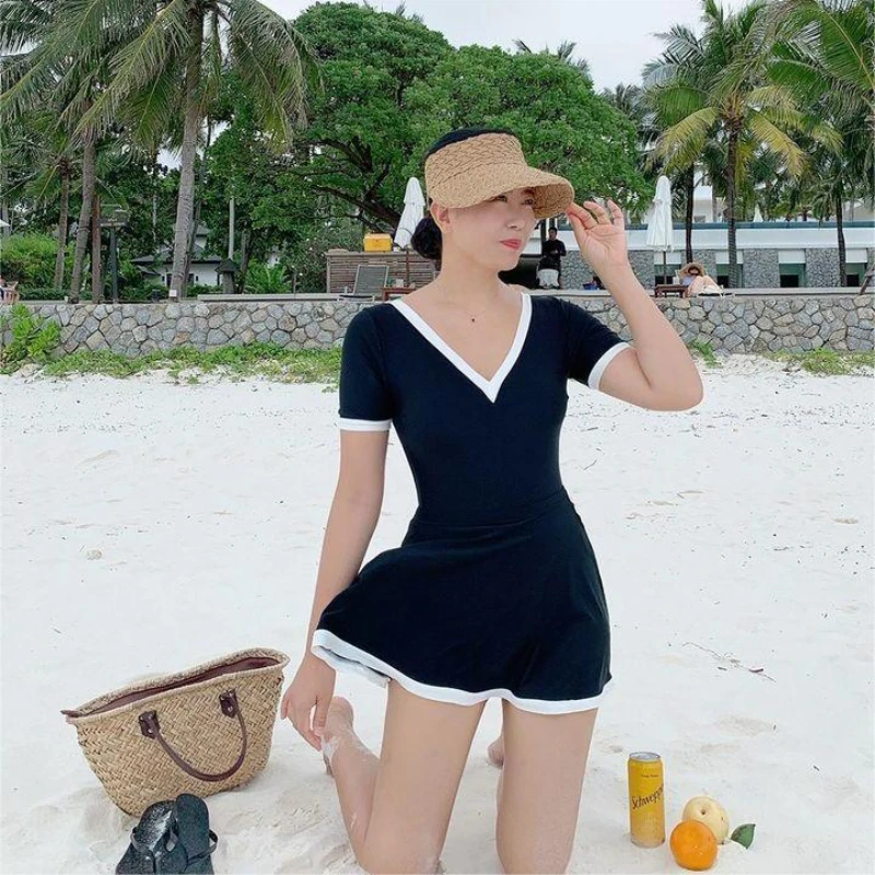 Swimsuits 2024 Woman Two-Piece Skirt Solid Short Sleeve Deep-v Conservative Swimwear Black Bikini Beach Clothes Bathing Suits