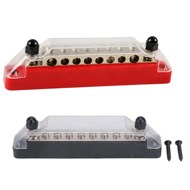 8-Way Battery Distribution Block with Base, Clear Cover, and Mounting Screws for Vehicle and Marine Power Wiring Layouts