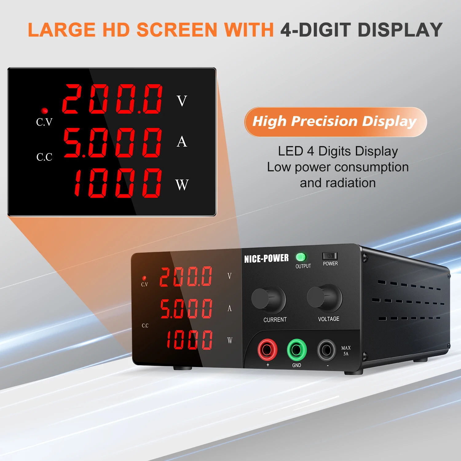 NICE-POWER 1200W Adjustable DC Power Supply 200V 5A 100V 10A 30V 20A 30A Bench Power Supply with OUTPUT Switch,Preset Current