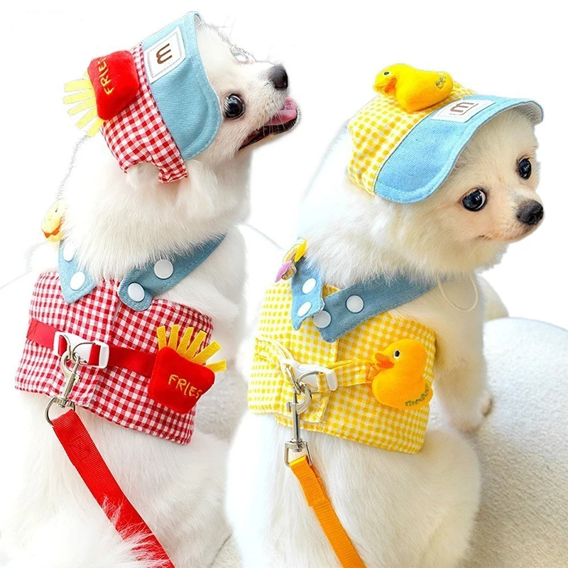 Pet Harness Leash Sun Hat Set Cute Kitten Puppy Outgoing Clothes Dog Cat Pulling Rope Cap Three-piece Set Pet Supplies