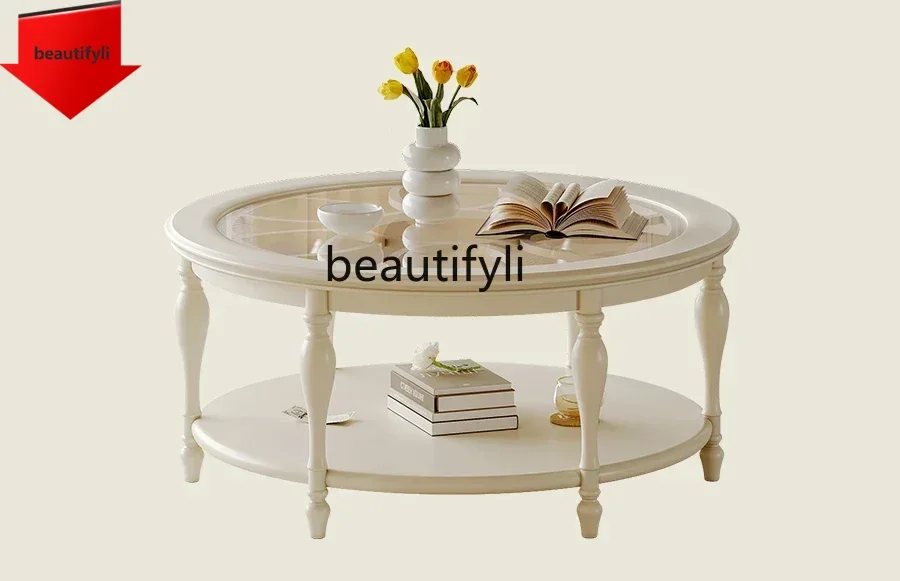 

K185 French cream wind round coffee table, modern simple small apartment living room home tempered glass tea table