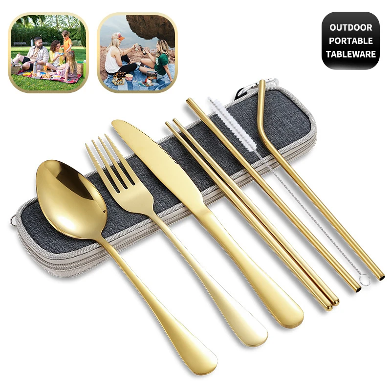 

Stainless Steel Knife Fork Spoon and Straw, Cleaning Brush, Chopsticks Set out for a Family Dinner, Smooth Integrated Forming, 7