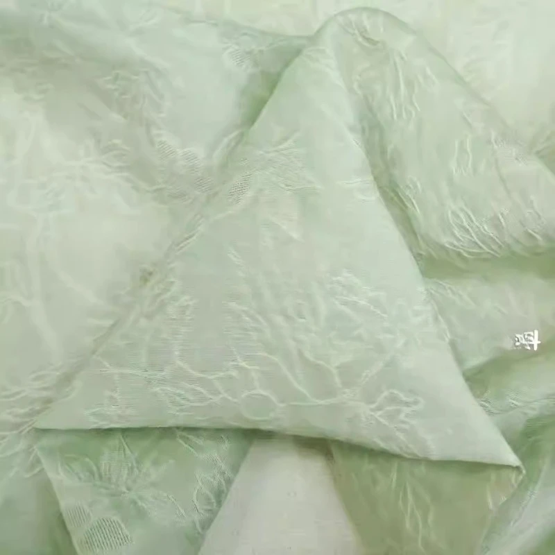 

Luxury Pastel Green Floral Jacquard Sheer Lyocell Linen Fabric Designer Womens Dress Hanfu DIY Sewing Clothing Material Cloth