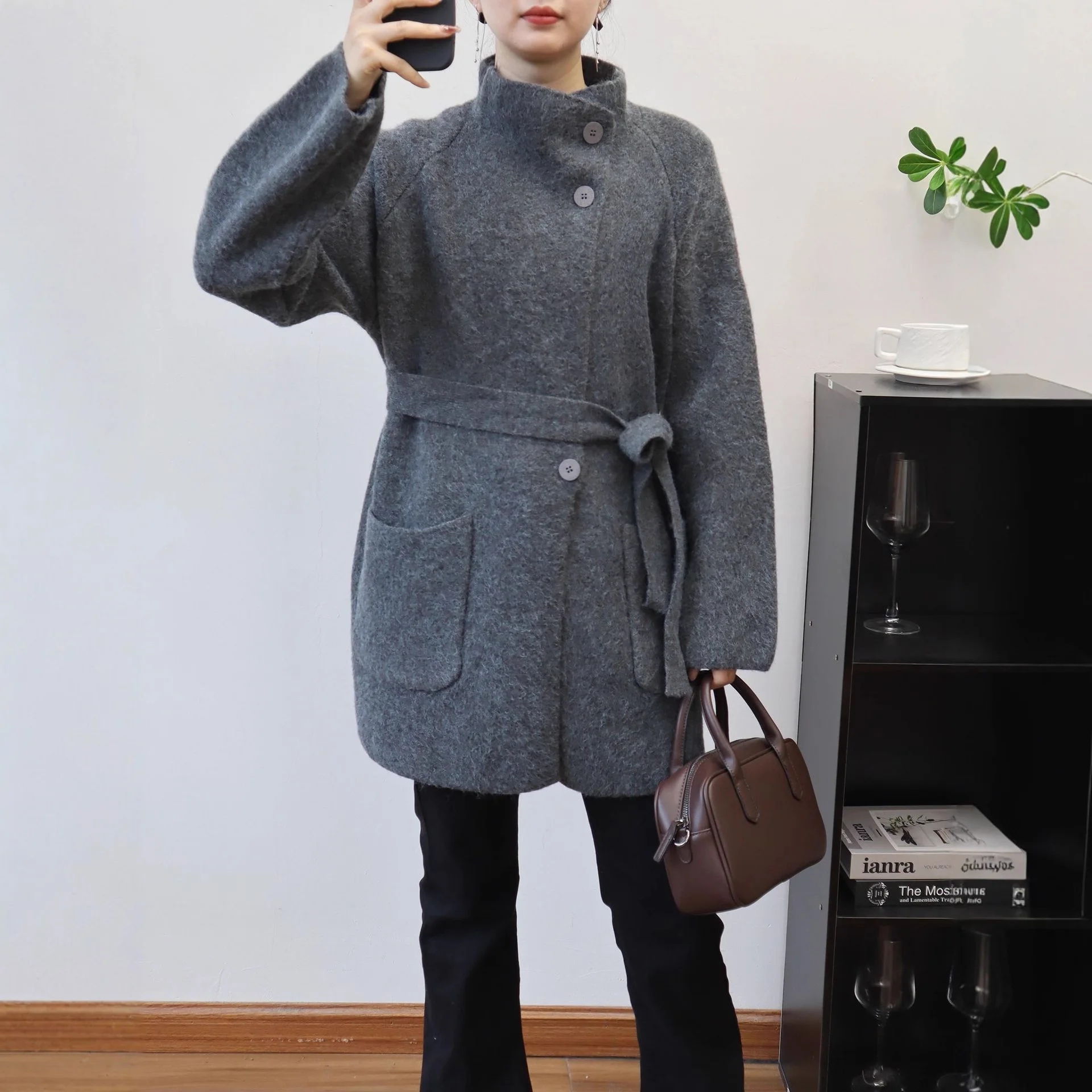 

Women Lace Up Cardigan Jumper Coat Knitted Solid Sweaters Jacket Stand Collar Long Sleeve Loose Casual Office Lady 2025 Autumn